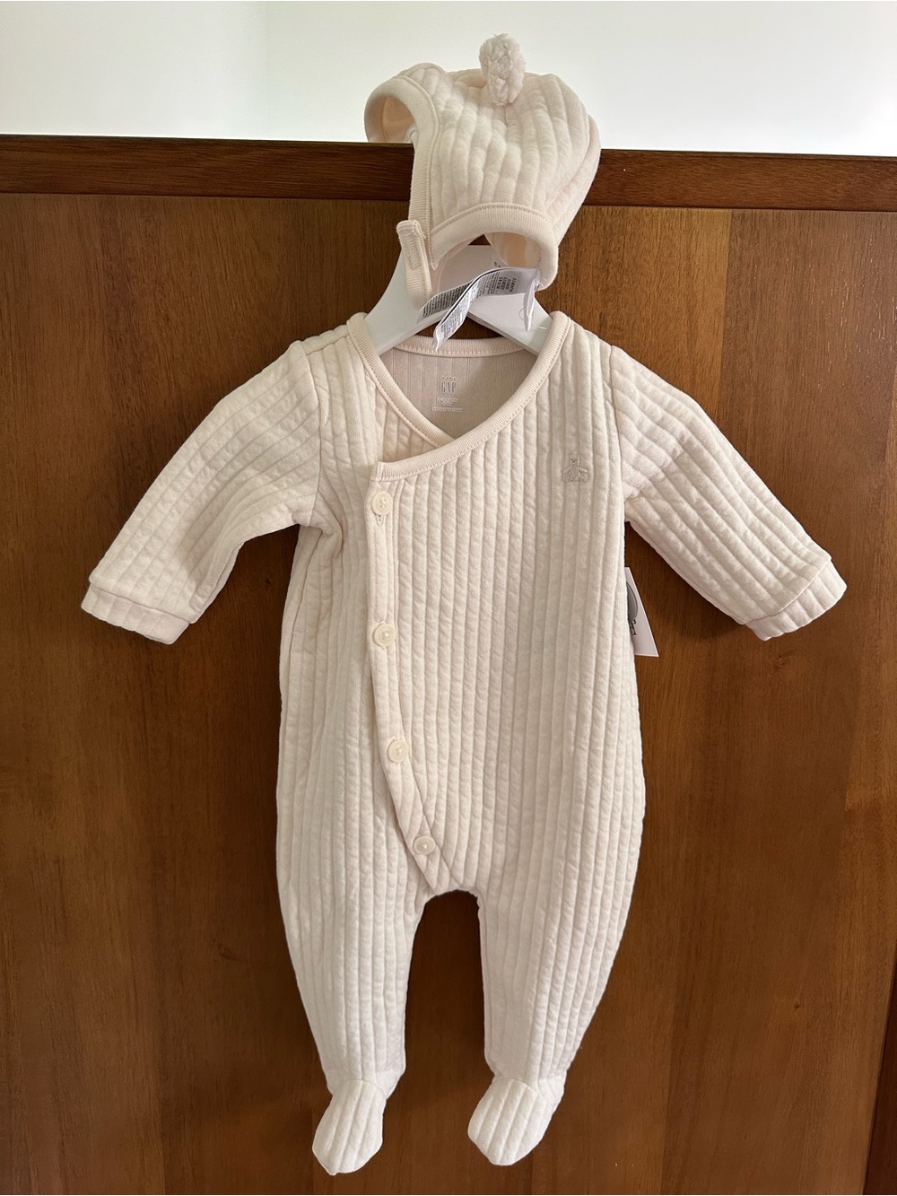 GAP Baby Cream Quilted Footed One-Piece with Matching Hat